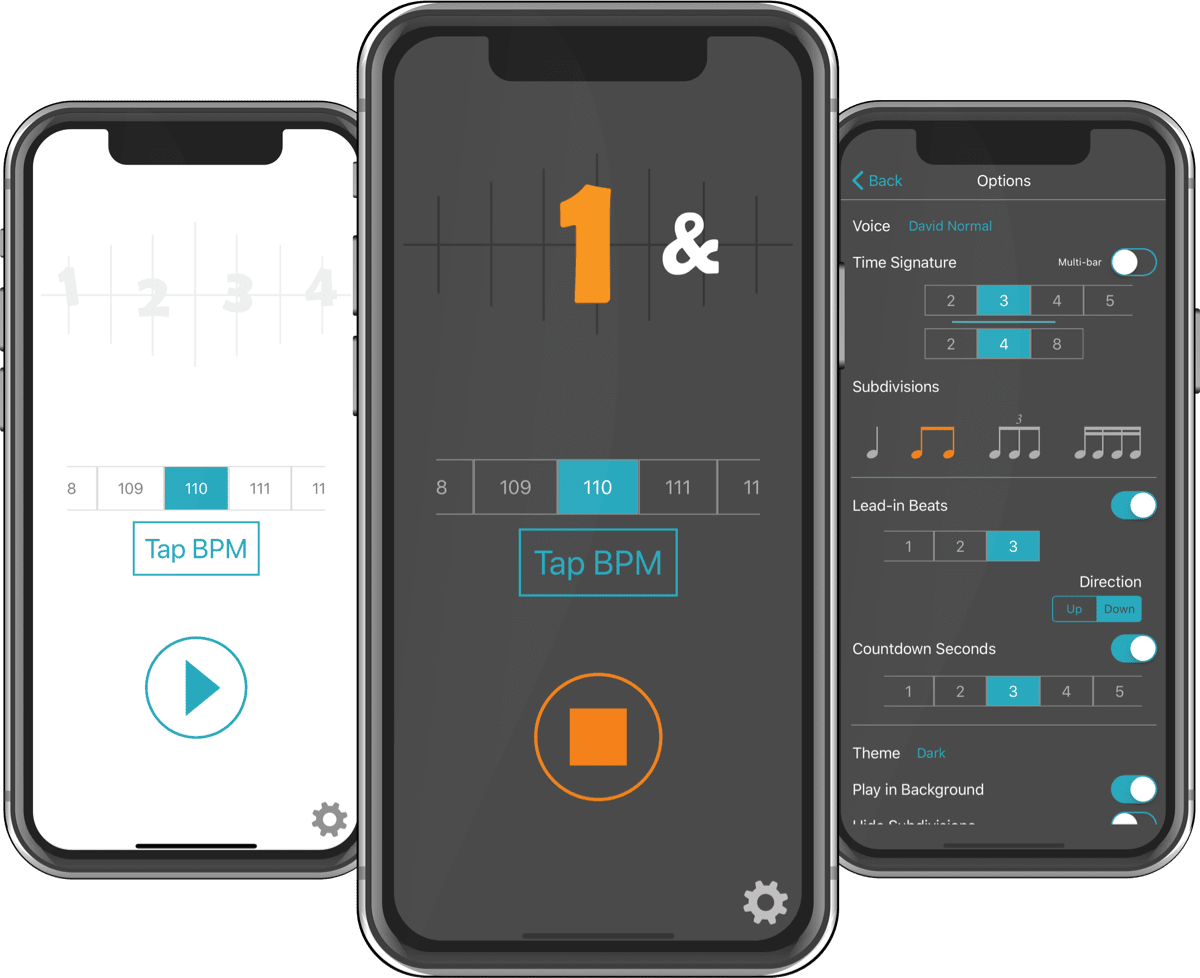 Screenshots of SpeakBeat Metronome app's main screen, settings screen, and light theme example