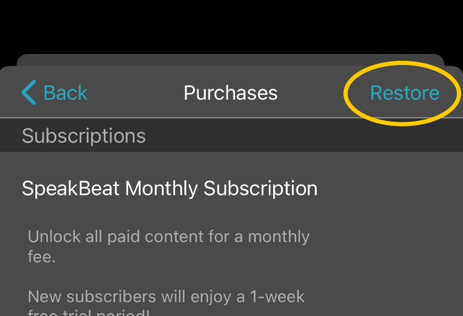 The SpeakBeat Purchases screen with the Restore button in the top right corner circled