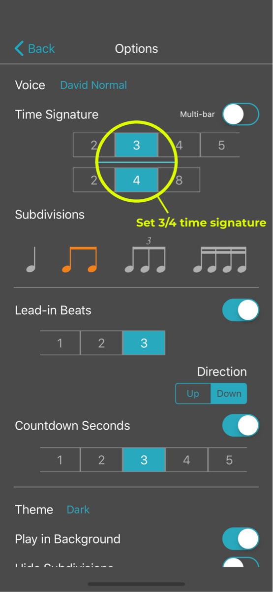 Setting a time signature in the SpeakBeat Metronome app